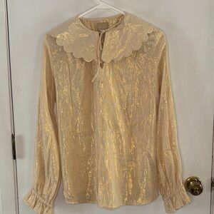 Carolina Benoit metallic gold long sleeve blouse oversized scalloped collar Sz L